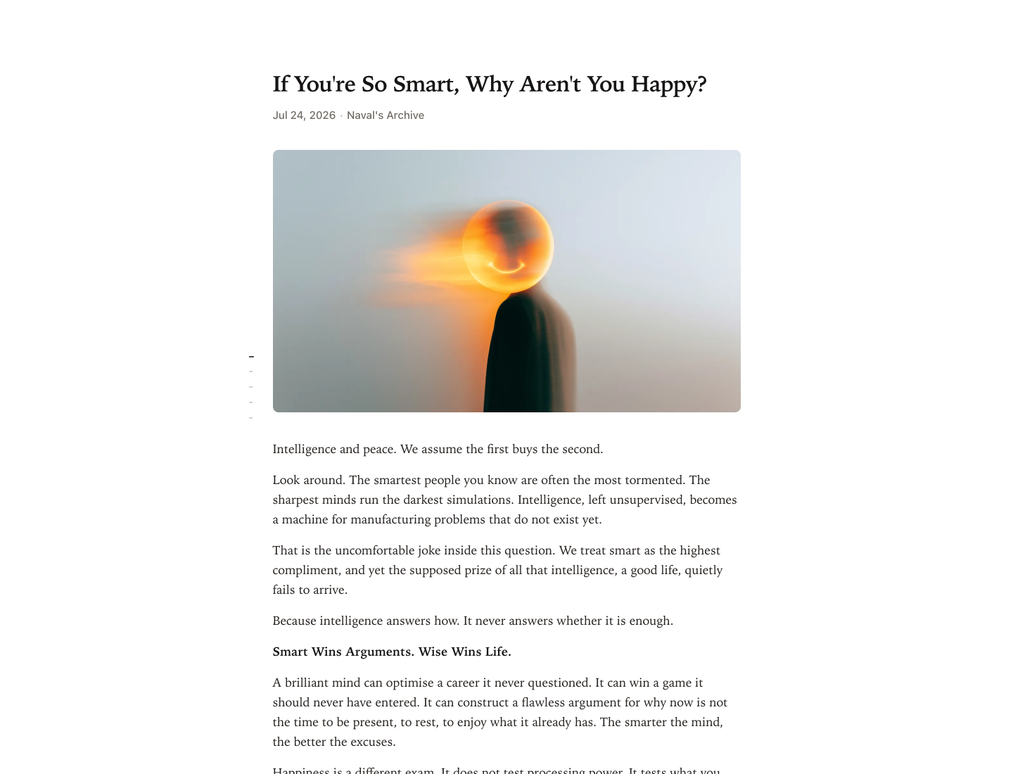 Calm for NetNewsWire showing “If You’re So Smart, Why Aren’t You Happy?” from Naval’s Archive with an adaptive reading map
