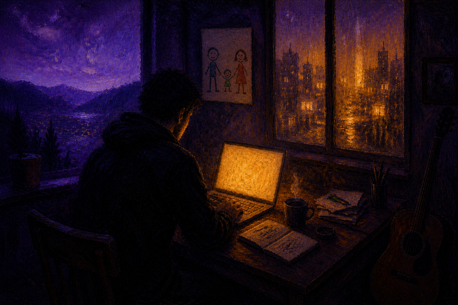 Painted night scene: a figure at a glowing laptop, child's family drawing on the wall, mountain valley and city lights through the windows